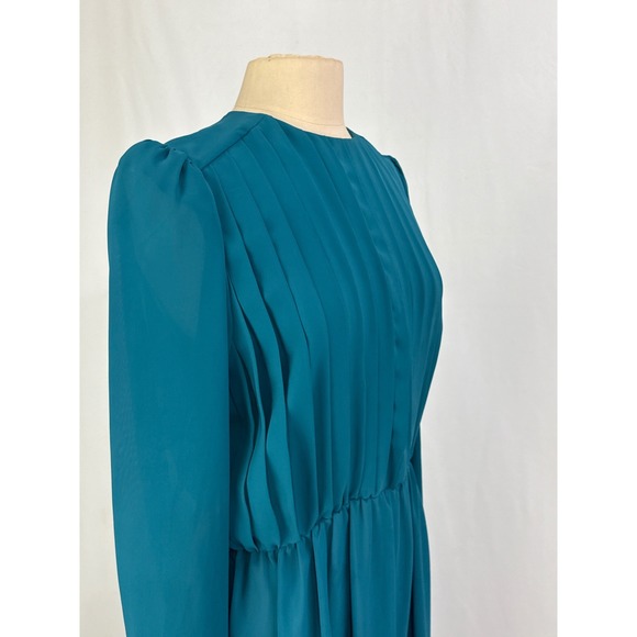 Vintage C&R Teal Blue Pleated Bodice Secretary Dress 80s Long Sleeve, 40 bust, L - Picture 5 of 13